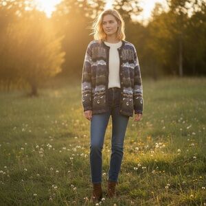 Vintage Icelandic Design Cottage Core Highland Sheep Landscape Wool Cardigan